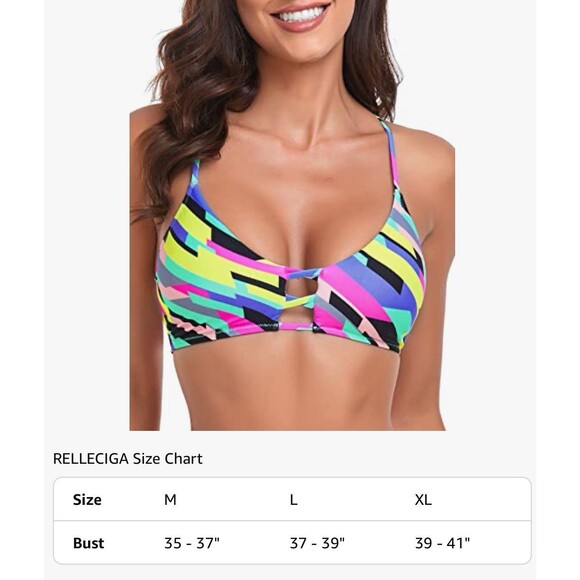 RELLECIGA Women's Strappy Bikini Top Neon Striped Large - Picture 6 of 6
